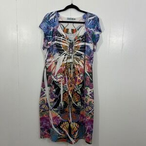 Unity World Wear Butterfly Graphic Print Rhinestone V-Neck Dress XL 4270N8105